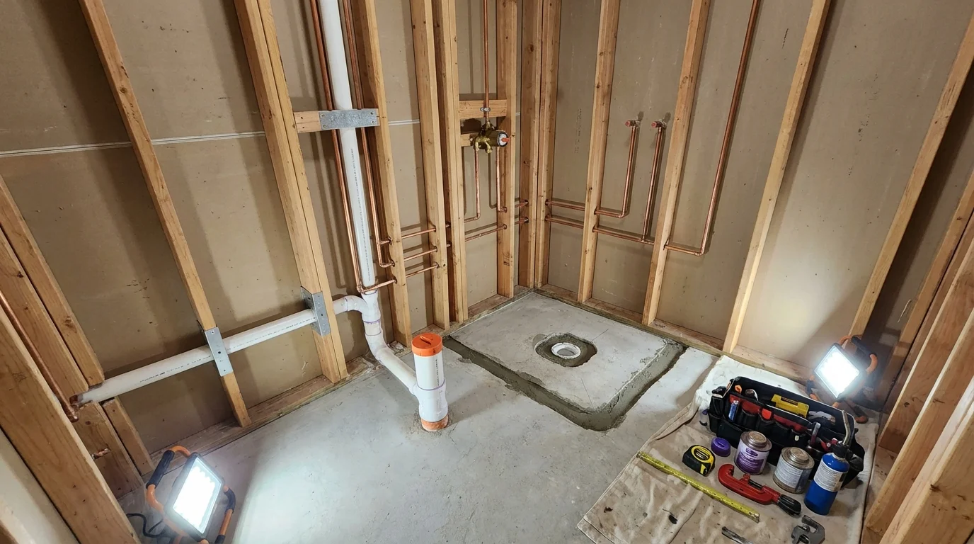 Bathroom rough-in plumbing during remodel by Johns Plumbing LLC in Slayton