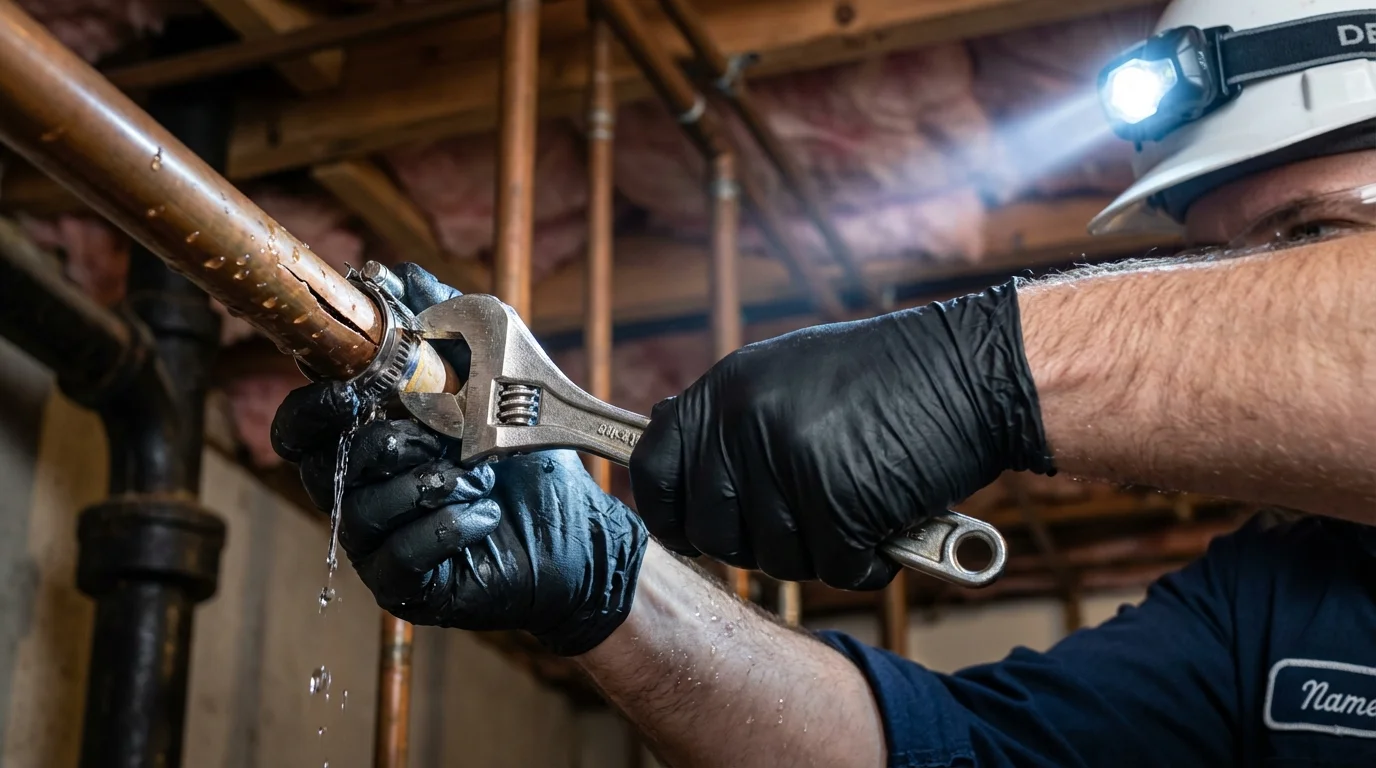 Emergency pipe clamp repair being performed by a Johns Plumbing LLC plumber in Slayton