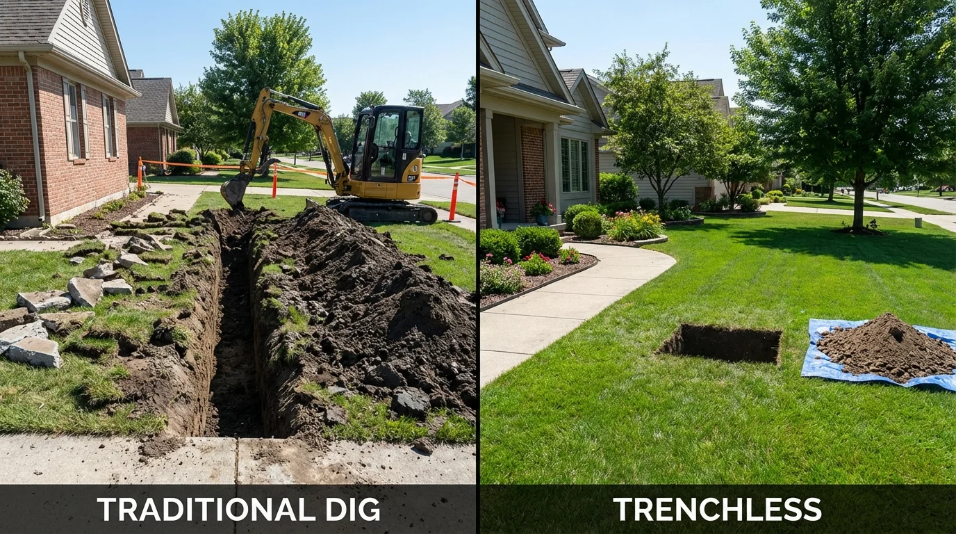 Trenchless sewer repair with minimal yard damage versus traditional excavation in Slayton, MN