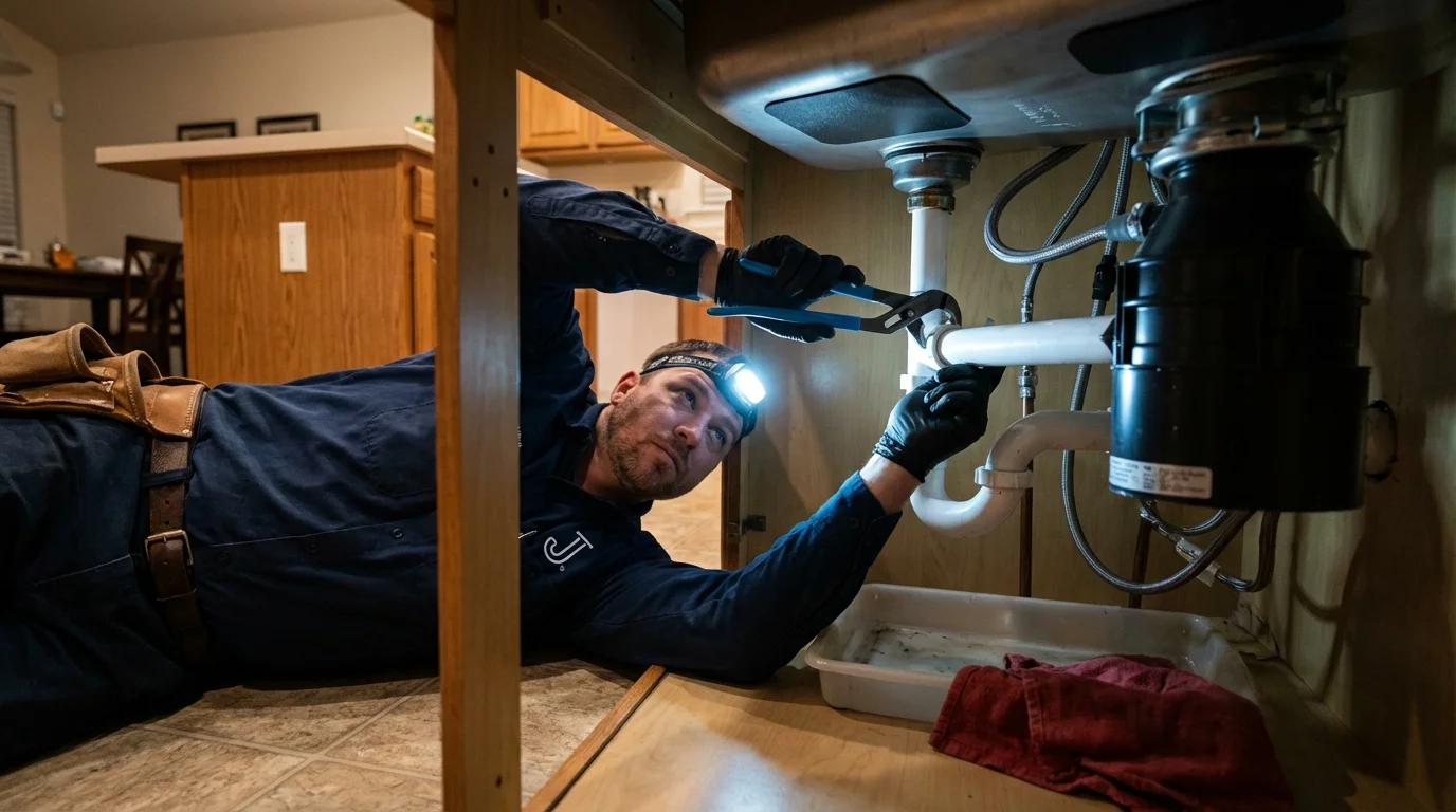 P-trap and supply line connections under a kitchen sink showing a common leak point in Slayton, MN